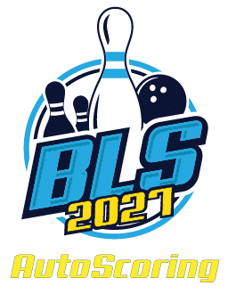 Logo for BLS 2021 AutoScoring with bowling pins, a bowling ball, and bold blue text of the initials BLS and year 2021 centered over a blue circle pattern, plus AutoScoring text below.